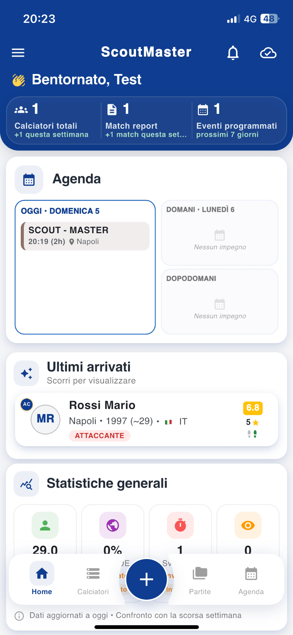 Home di ScoutMaster con agenda, attività e ultimi calciatori
